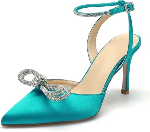 Pointed Toe Satin White Wedding High Heels Rhinestone Ankle Strap Dress Shoes Pumps for Bride