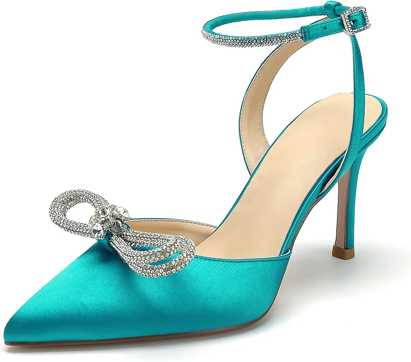 Pointed Toe Satin White Wedding High Heels Rhinestone Ankle Strap Dress Shoes Pumps for Bride