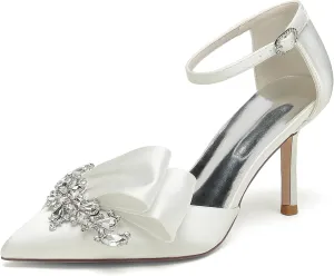 Pointed Toe White Wedding Shoes for Bride High Heels Satin Bridal Shoes Ankle Strap Crystal White Heels Dress Shoes for Women Pumps