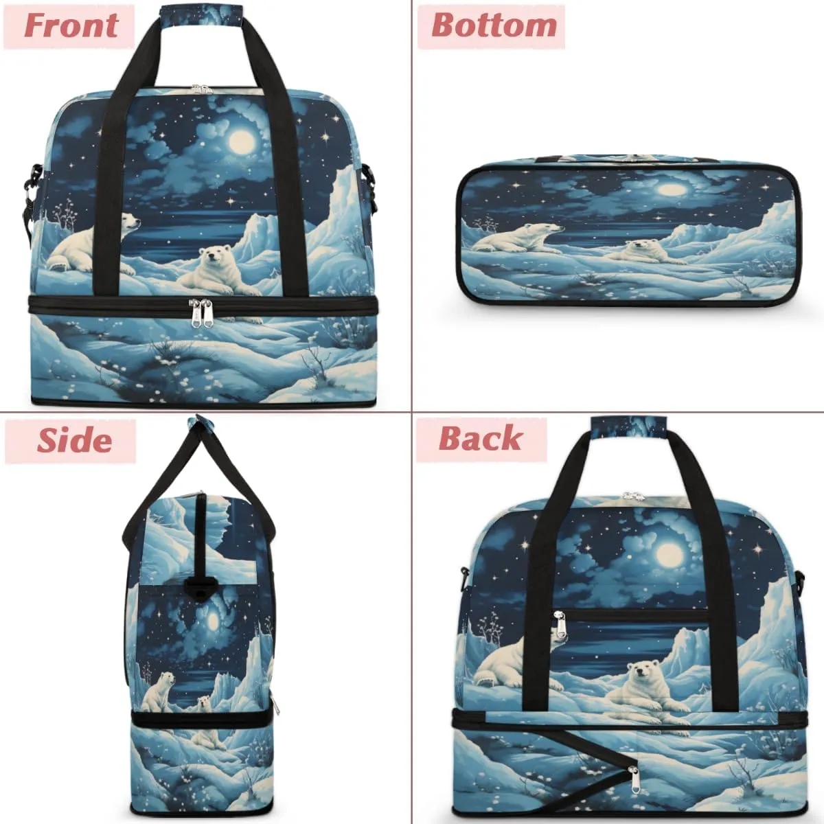 Polar Bear Print Foldable Travel Duffel Bag Overnight Weekender Bag with Shoes Compartment Sports Gym Bag for Men Women