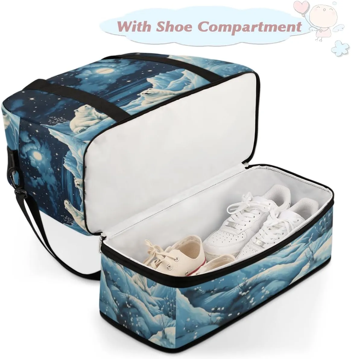 Polar Bear Print Foldable Travel Duffel Bag Overnight Weekender Bag with Shoes Compartment Sports Gym Bag for Men Women