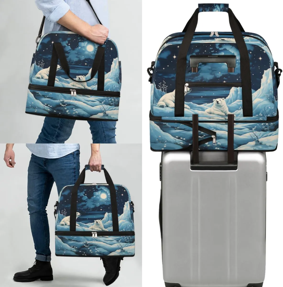 Polar Bear Print Foldable Travel Duffel Bag Overnight Weekender Bag with Shoes Compartment Sports Gym Bag for Men Women