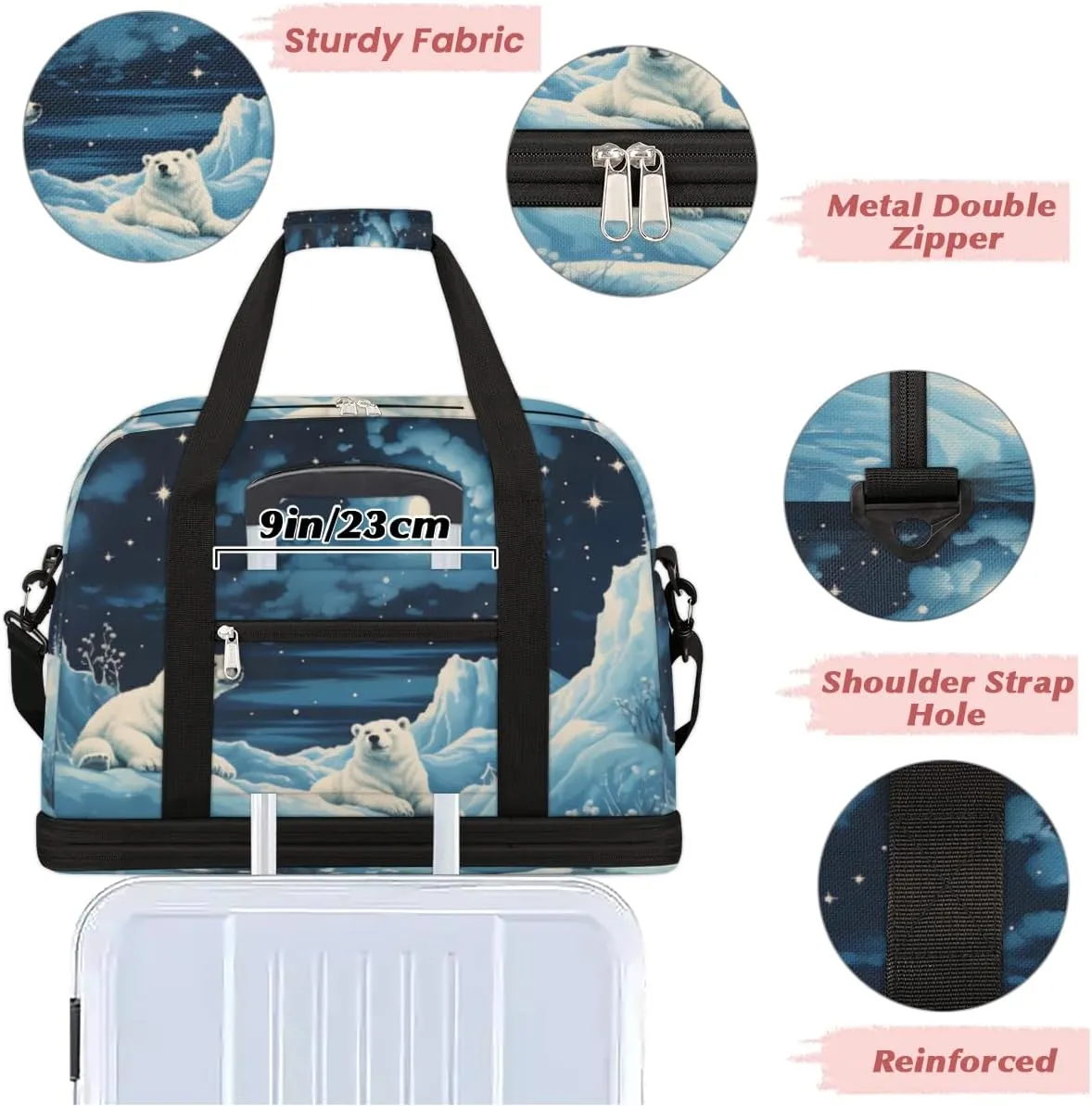 Polar Bear Print Foldable Travel Duffel Bag Overnight Weekender Bag with Shoes Compartment Sports Gym Bag for Men Women