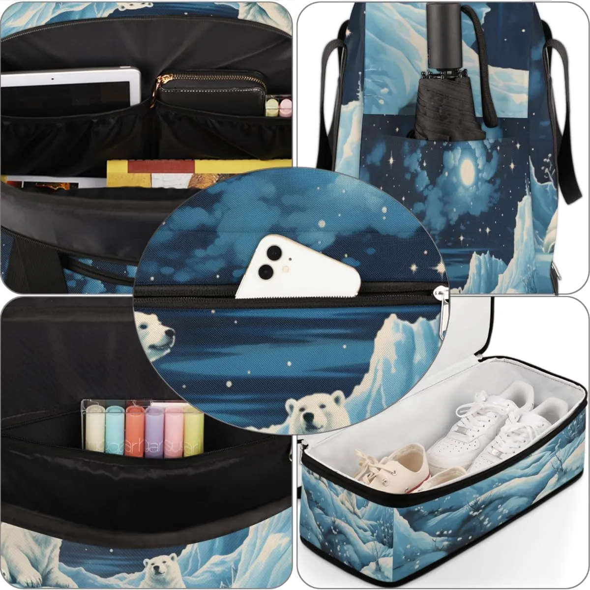 Polar Bear Print Foldable Travel Duffel Bag Overnight Weekender Bag with Shoes Compartment Sports Gym Bag for Men Women