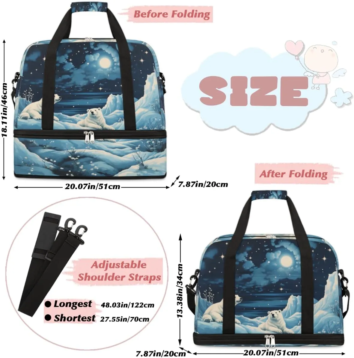 Polar Bear Print Foldable Travel Duffel Bag Overnight Weekender Bag with Shoes Compartment Sports Gym Bag for Men Women