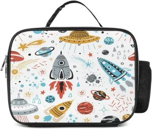 Polyester Lunch Meal Bag with Buckled Handle, Lunchbox Bag Thermal Insulated Cooler Leakproof Picnic 10.6x3.5x8.3 in Print Colorful Rockets, Planets, Stars, Comets Seamless on White