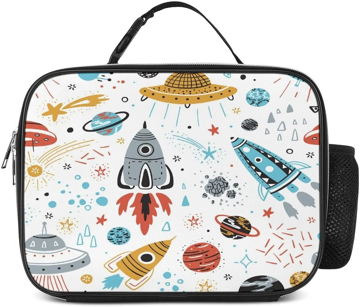 Polyester Lunch Meal Bag with Buckled Handle, Lunchbox Bag Thermal Insulated Cooler Leakproof Picnic 10.6x3.5x8.3 in Print Colorful Rockets, Planets, Stars, Comets Seamless on White