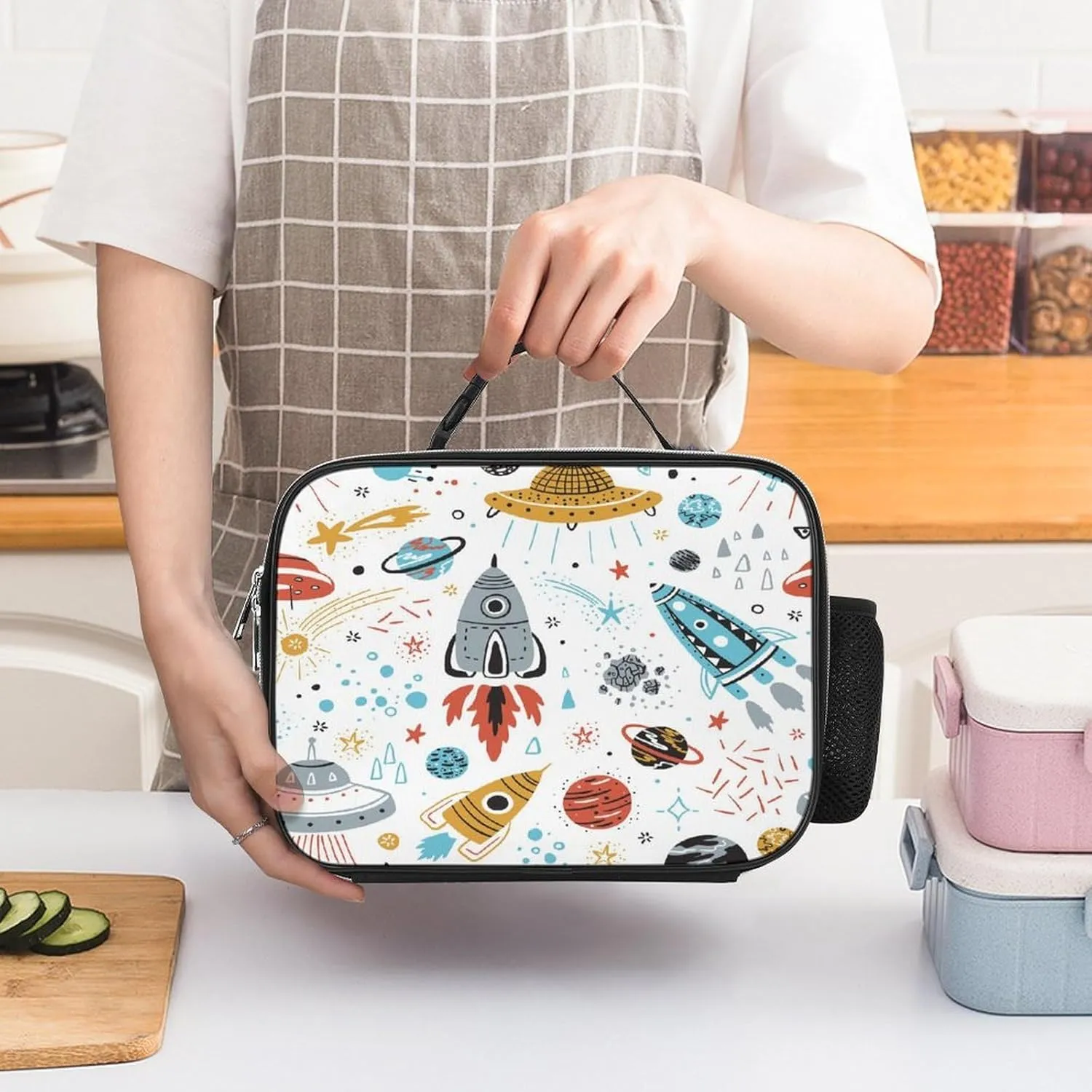 Polyester Lunch Meal Bag with Buckled Handle, Lunchbox Bag Thermal Insulated Cooler Leakproof Picnic 10.6x3.5x8.3 in Print Colorful Rockets, Planets, Stars, Comets Seamless on White
