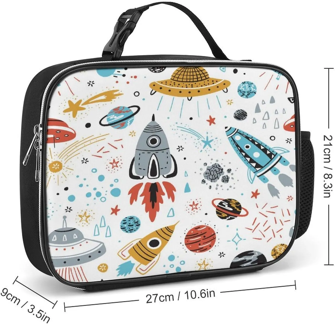 Polyester Lunch Meal Bag with Buckled Handle, Lunchbox Bag Thermal Insulated Cooler Leakproof Picnic 10.6x3.5x8.3 in Print Colorful Rockets, Planets, Stars, Comets Seamless on White