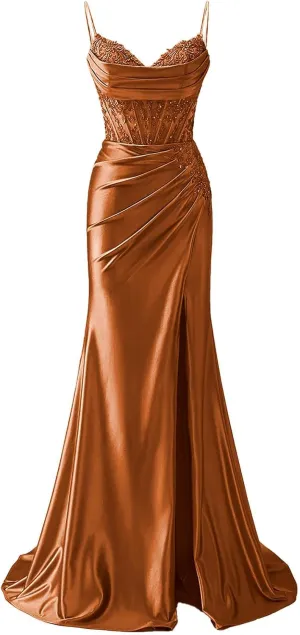 POMUYOO Mermaid Satin Prom Dresses for Women 2025 Long Lace Applique Corset Formal Evening Gown