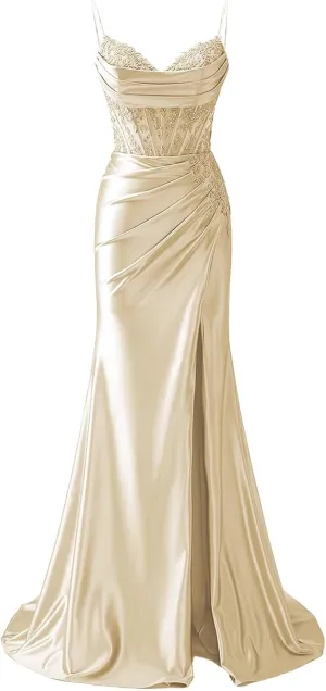 POMUYOO Mermaid Satin Prom Dresses for Women 2025 Long Lace Applique Corset Formal Evening Gown