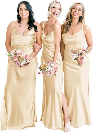 POMUYOO Satin Bridesmaid Dresses for Women Long Spagheti Straps Cowl Neck Formal Evening Gown with Slit