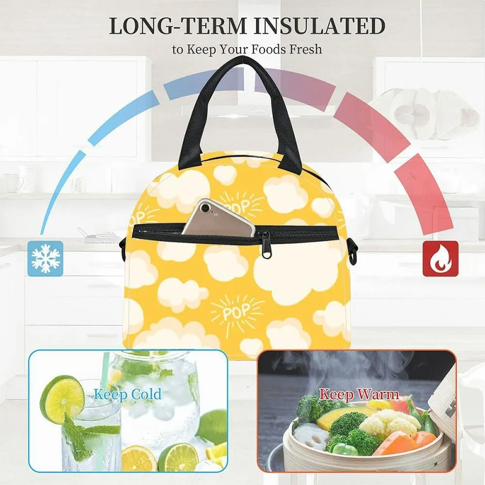 Popcorn Bright pop a yellow Insulated Adult Lunch Bag with Shoulder Strap for Women Lightweight Reusable Portable Freezable Lunch Tote Bag for Work Picnic