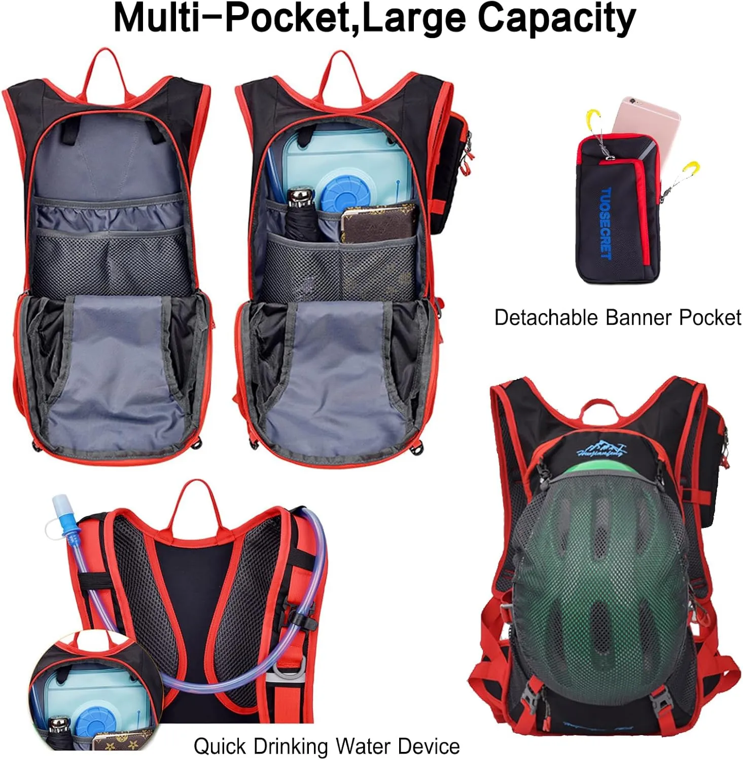 PORRASSO Hiking Backpack 19L Rucksack Breathable Daypack Lightweight Backpack Hydration Pack for Women Men Camping Trekking Cycling Climbing Outdoor Sports Red