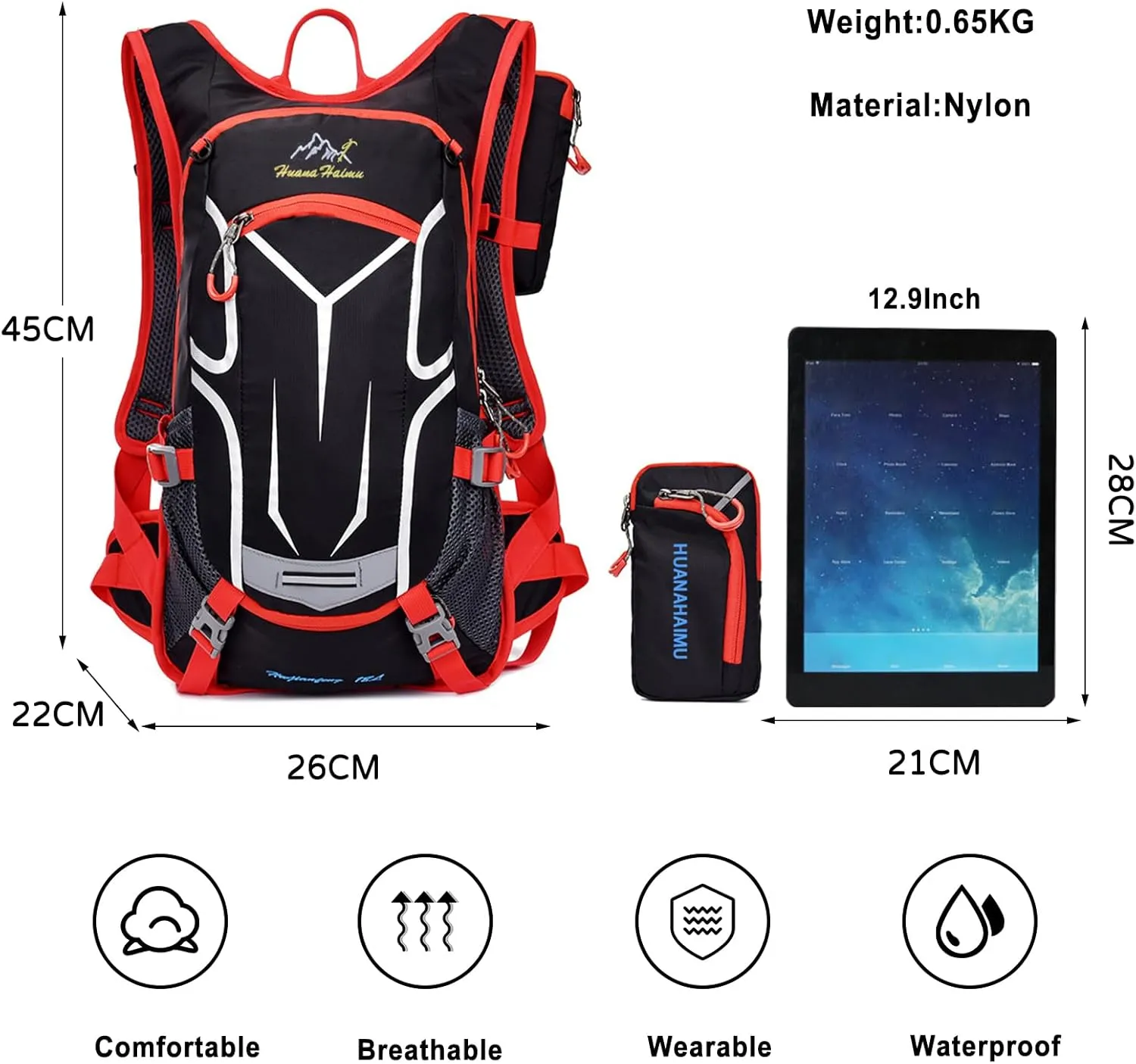PORRASSO Hiking Backpack 19L Rucksack Breathable Daypack Lightweight Backpack Hydration Pack for Women Men Camping Trekking Cycling Climbing Outdoor Sports Red