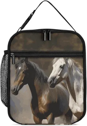 Portable Cooler Warmer Lunch Bag Insulated Lunch Bag with Side Mesh Horses Animals Thermal Reusable Lunch Box Large Capacity Leakproof Lunchbag for Work Picnic Travel