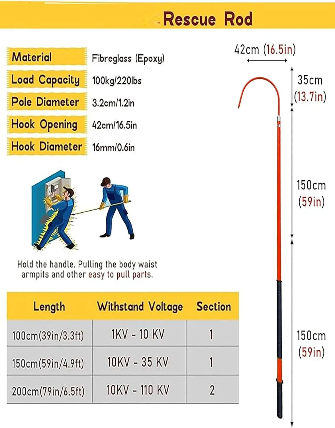 Portable Insulated Electrical Assist Pole High Voltage High Voltage Life Hook Electrical Rescue Hook Dia Detachable Life Saving Pull Rod(150cm/59in)