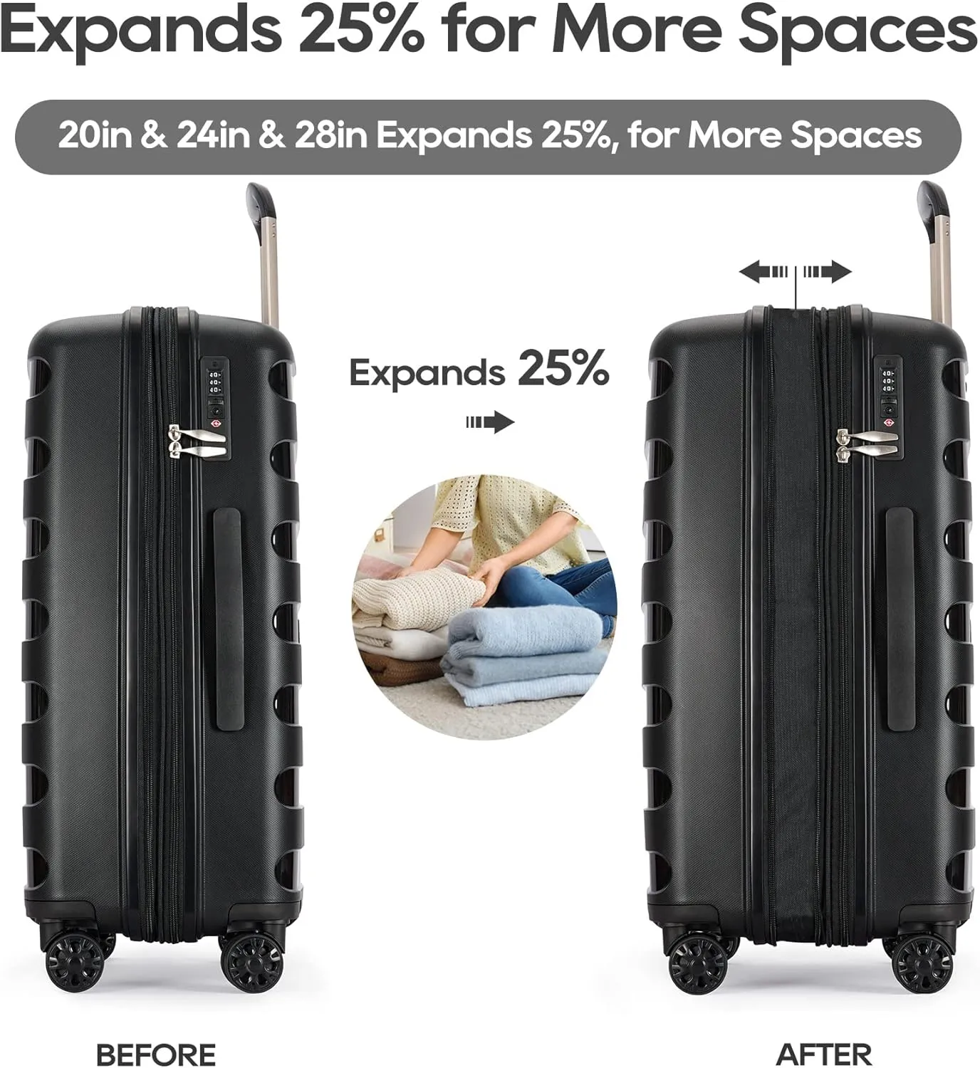 PP material 2-piece expandable luggage sets with Spinner Wheels， Suitcase with TSA Lock，Large Luggage for Family Travel carry on 20 28，Black color