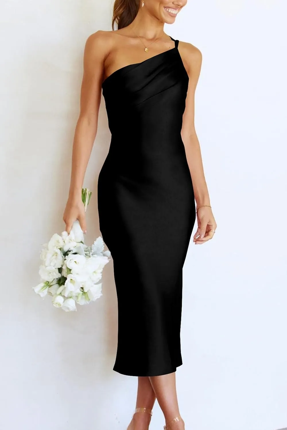 PRETTYGARDEN Women's 2025 Summer Midi Satin Dress One Shoulder Spaghetti Strap Backless Ruched Bodycon Dresses
