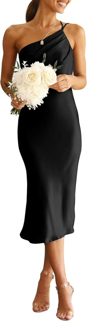 PRETTYGARDEN Women's 2025 Summer Midi Satin Dress One Shoulder Spaghetti Strap Backless Ruched Bodycon Dresses