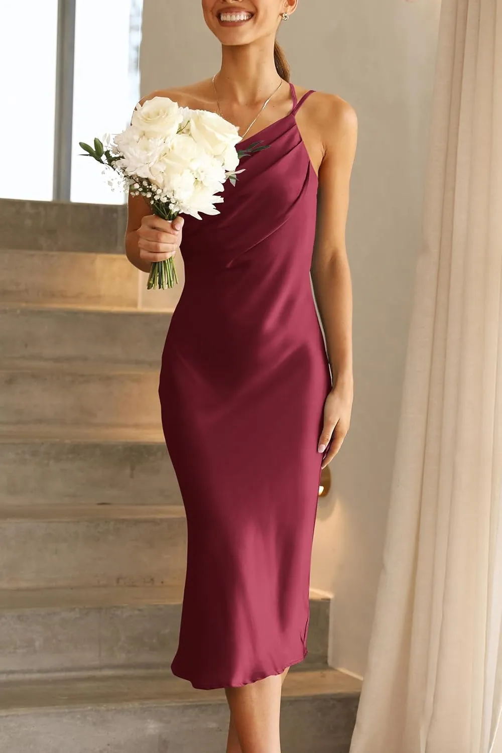 PRETTYGARDEN Women's 2025 Summer Midi Satin Dress One Shoulder Spaghetti Strap Backless Ruched Bodycon Dresses