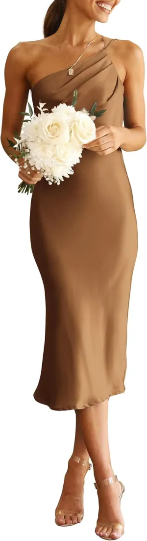 PRETTYGARDEN Women's 2025 Summer Midi Satin Dress One Shoulder Spaghetti Strap Backless Ruched Bodycon Dresses