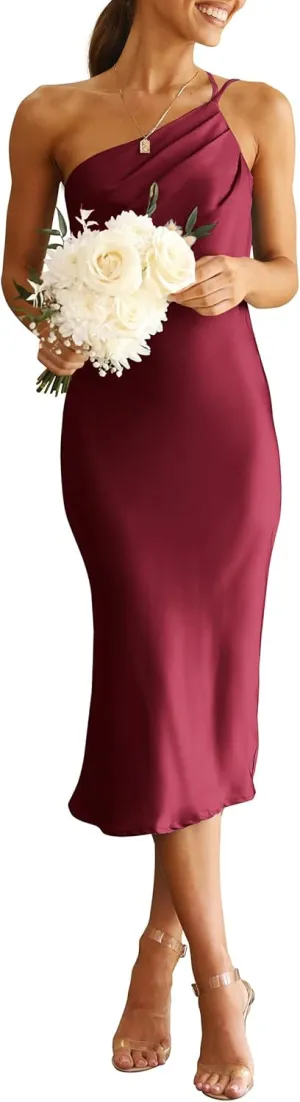 PRETTYGARDEN Women's 2025 Summer Midi Satin Dress One Shoulder Spaghetti Strap Backless Ruched Bodycon Dresses