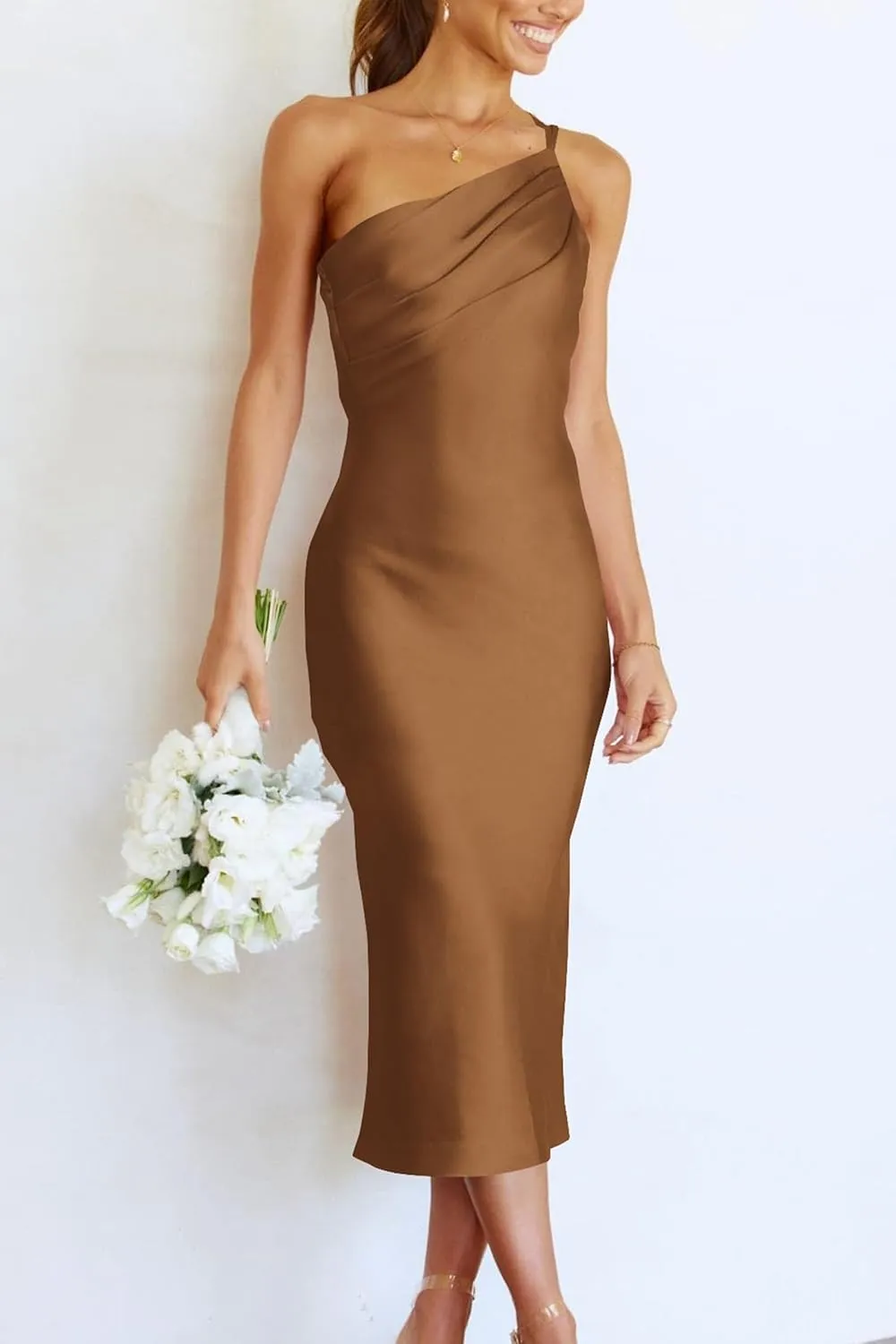 PRETTYGARDEN Women's 2025 Summer Midi Satin Dress One Shoulder Spaghetti Strap Backless Ruched Bodycon Dresses