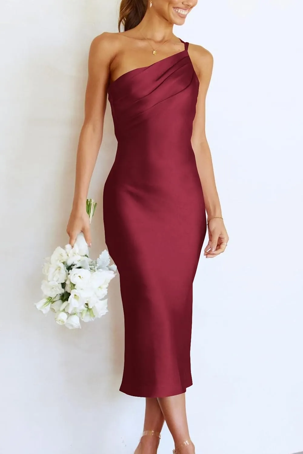 PRETTYGARDEN Women's 2025 Summer Midi Satin Dress One Shoulder Spaghetti Strap Backless Ruched Bodycon Dresses