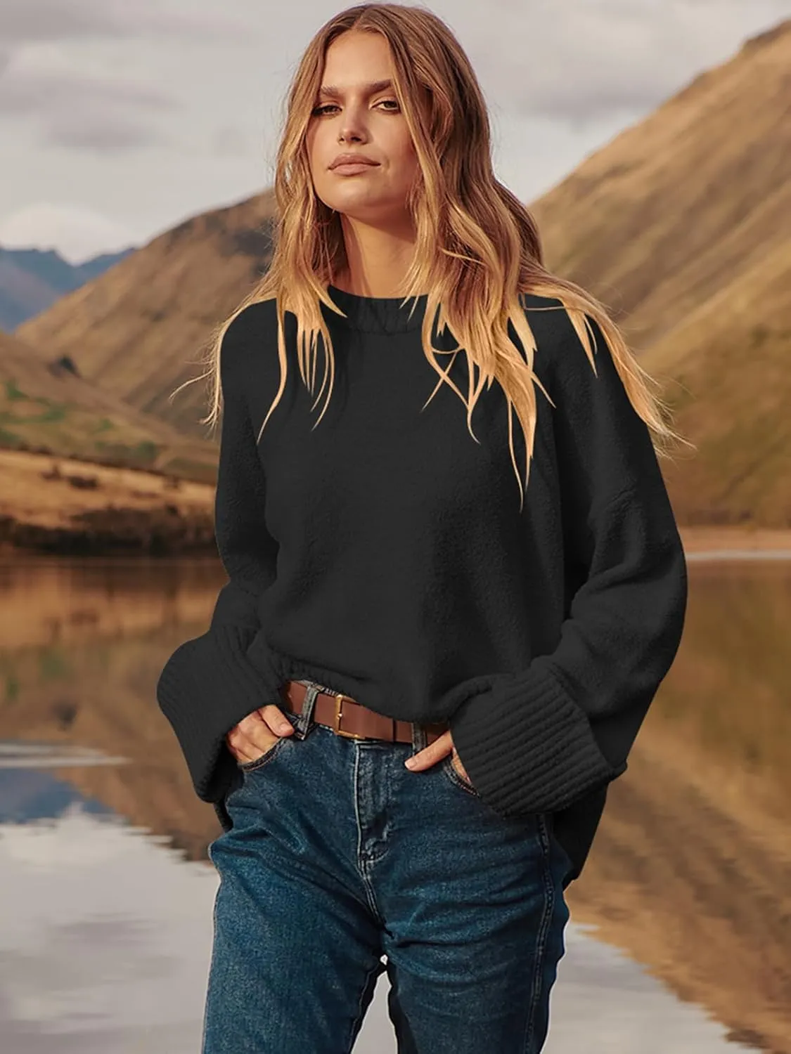 Prinbara Womens Oversized Sweater Crewneck Long Sleeve Fuzzy Knit Chunky Warm Pullover Sweaters Top 2024 Winter Trendy Outfit