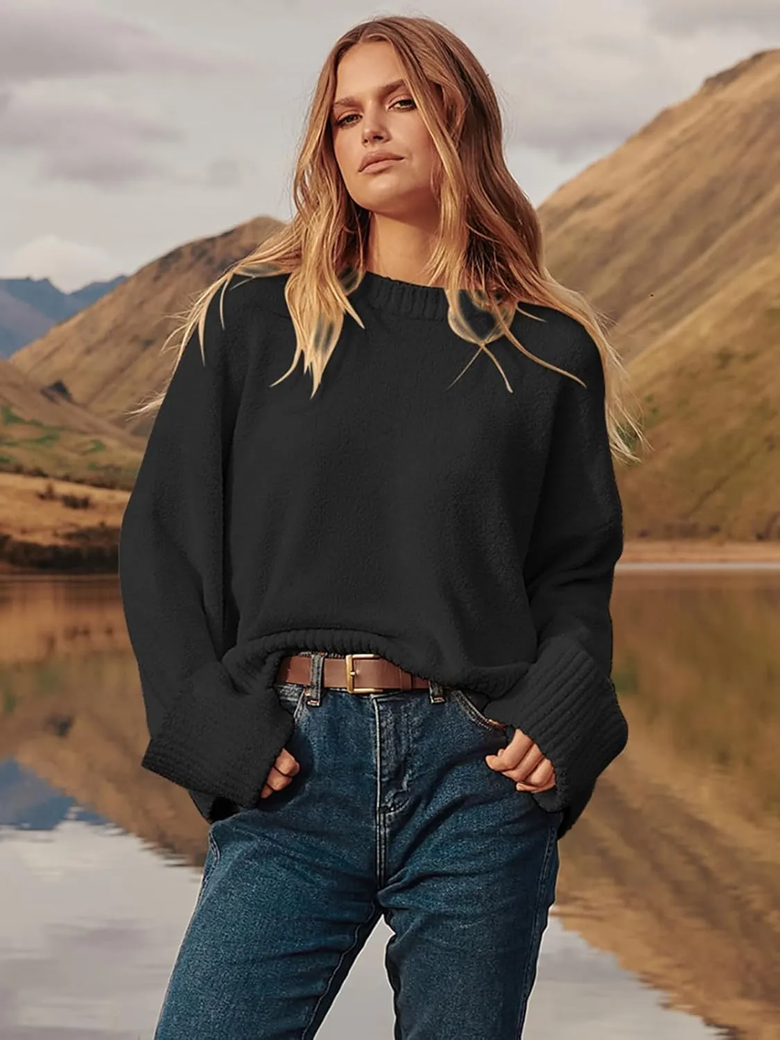 Prinbara Womens Oversized Sweater Crewneck Long Sleeve Fuzzy Knit Chunky Warm Pullover Sweaters Top 2024 Winter Trendy Outfit