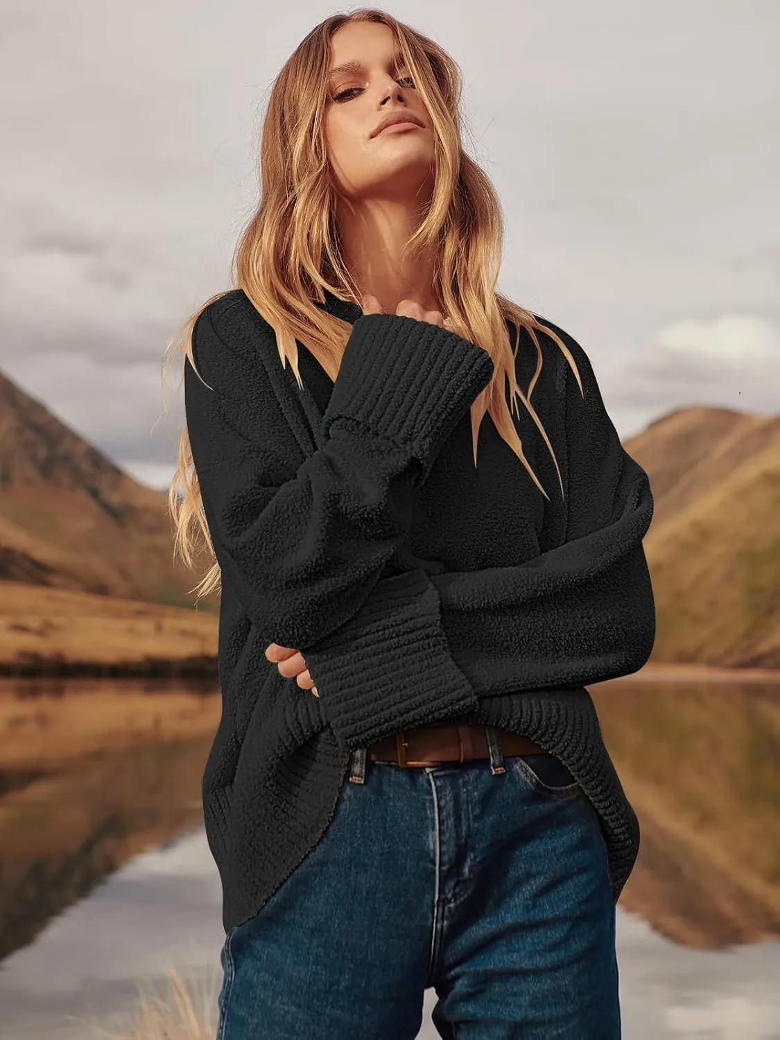 Prinbara Womens Oversized Sweater Crewneck Long Sleeve Fuzzy Knit Chunky Warm Pullover Sweaters Top 2024 Winter Trendy Outfit