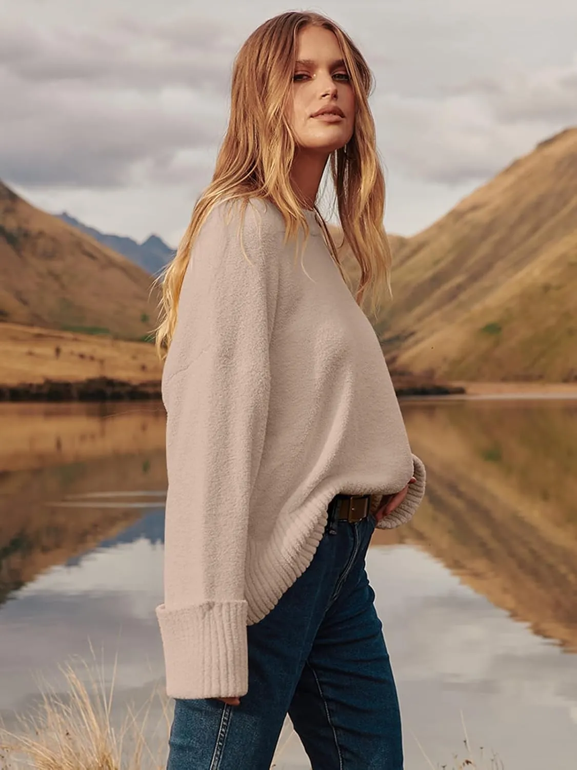 Prinbara Womens Oversized Sweater Crewneck Long Sleeve Fuzzy Knit Chunky Warm Pullover Sweaters Top 2024 Winter Trendy Outfit