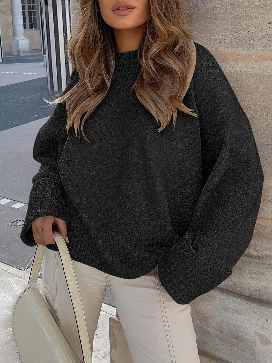 Prinbara Womens Oversized Sweater Crewneck Long Sleeve Fuzzy Knit Chunky Warm Pullover Sweaters Top 2024 Winter Trendy Outfit