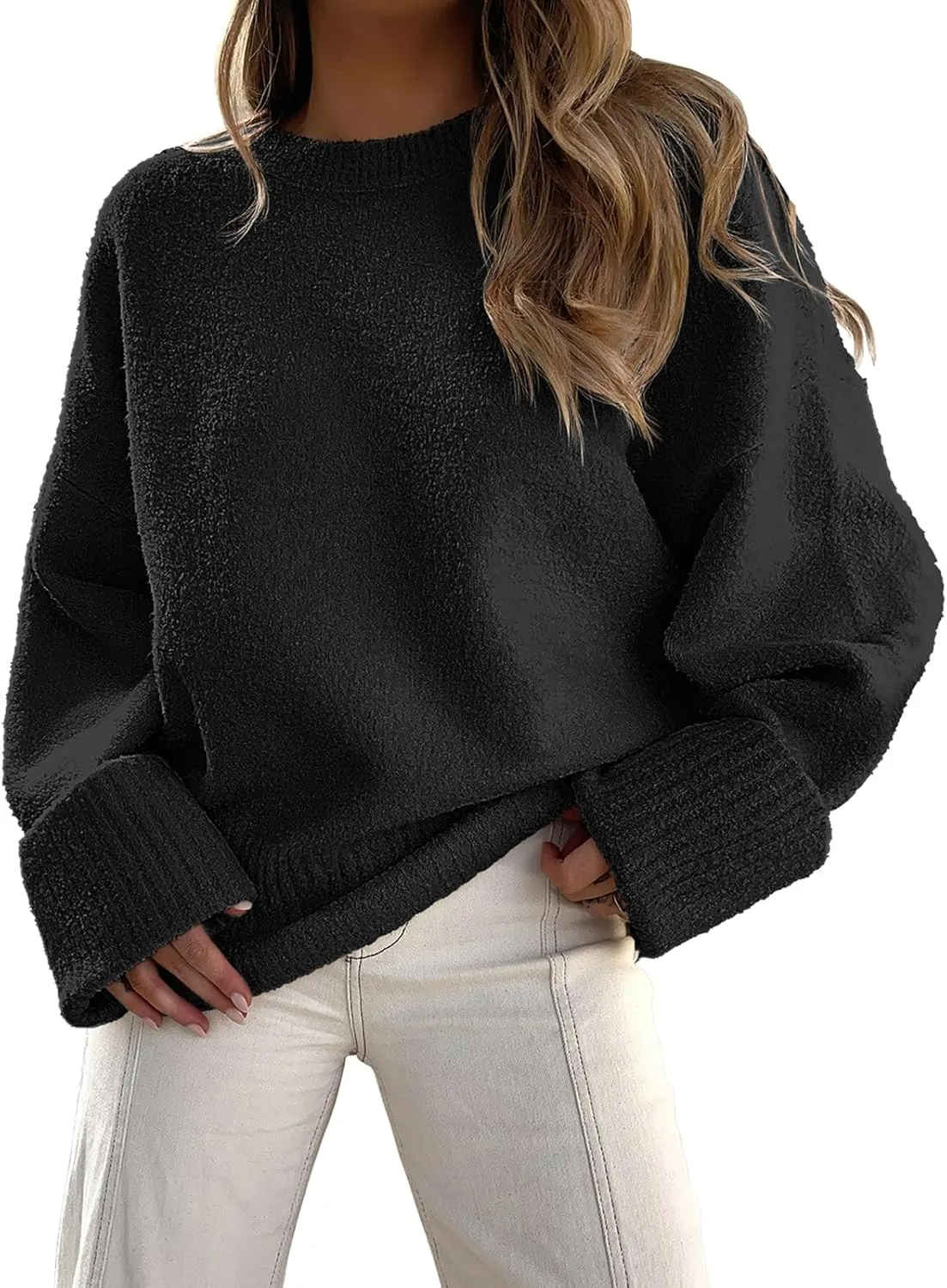 Prinbara Womens Oversized Sweater Crewneck Long Sleeve Fuzzy Knit Chunky Warm Pullover Sweaters Top 2024 Winter Trendy Outfit