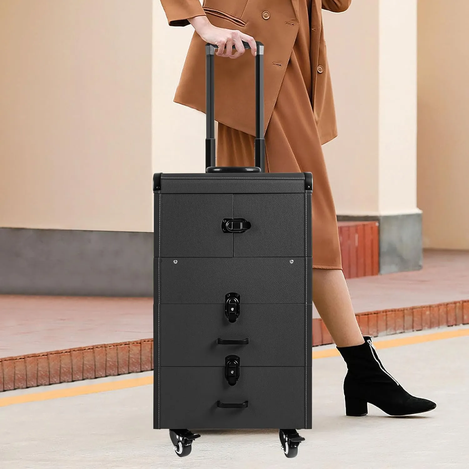 Professional Rolling Makeup Train Case Lockable Portable Cosmetic Organizer Trolley, Multifunction Cosmetology Case on Wheels, Nail Travel Case for Nail Tech Black
