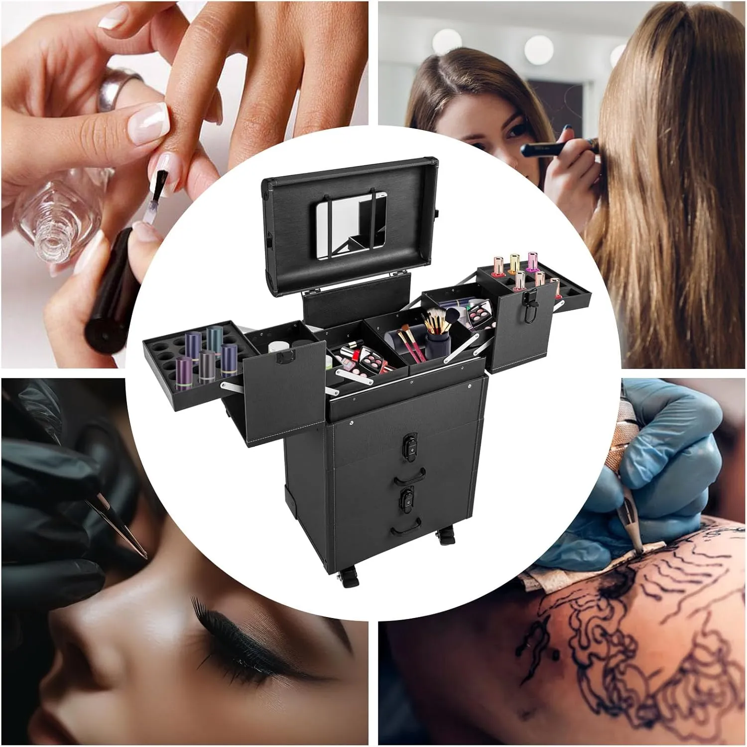 Professional Rolling Makeup Train Case Lockable Portable Cosmetic Organizer Trolley, Multifunction Cosmetology Case on Wheels, Nail Travel Case for Nail Tech Black
