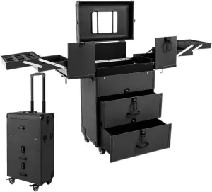 Professional Rolling Makeup Train Case Lockable Portable Cosmetic Organizer Trolley, Multifunction Cosmetology Case on Wheels, Nail Travel Case for Nail Tech Black