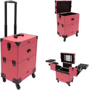 Professional Rolling Makeup Train Case with Mirror, Beauty Trolley Cosmetic Organizer Box on Wheels, Portable Artist Makeup Storage Case for Travel and Home Use (Rose), Roustory-52912