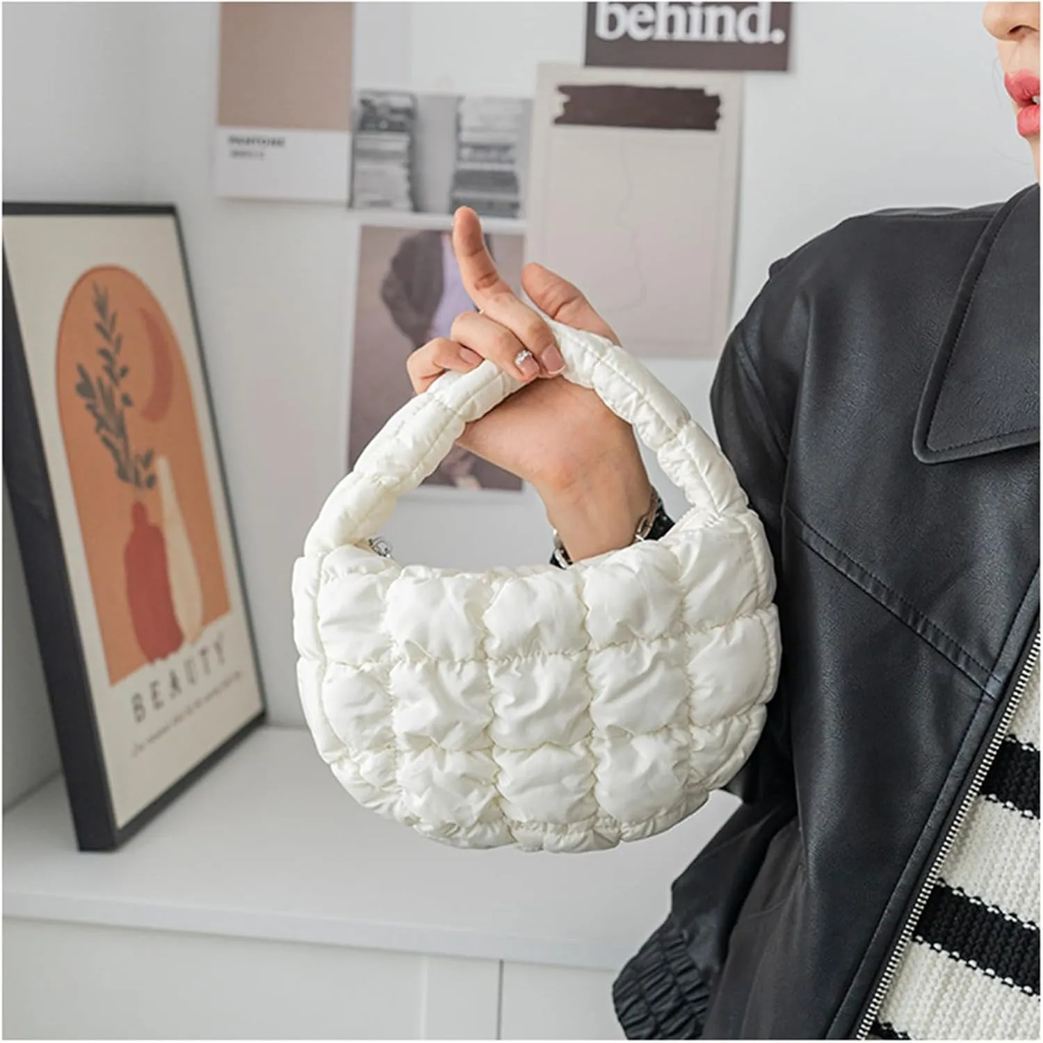 Puffer Bag Women Mini Quilted Cute Bubble Handbag Crescent Wrist Satchel Y2k Purse