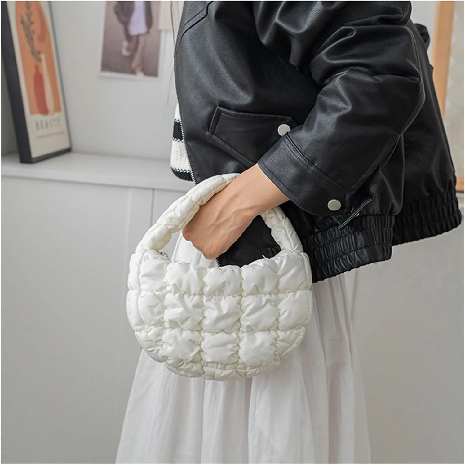 Puffer Bag Women Mini Quilted Cute Bubble Handbag Crescent Wrist Satchel Y2k Purse