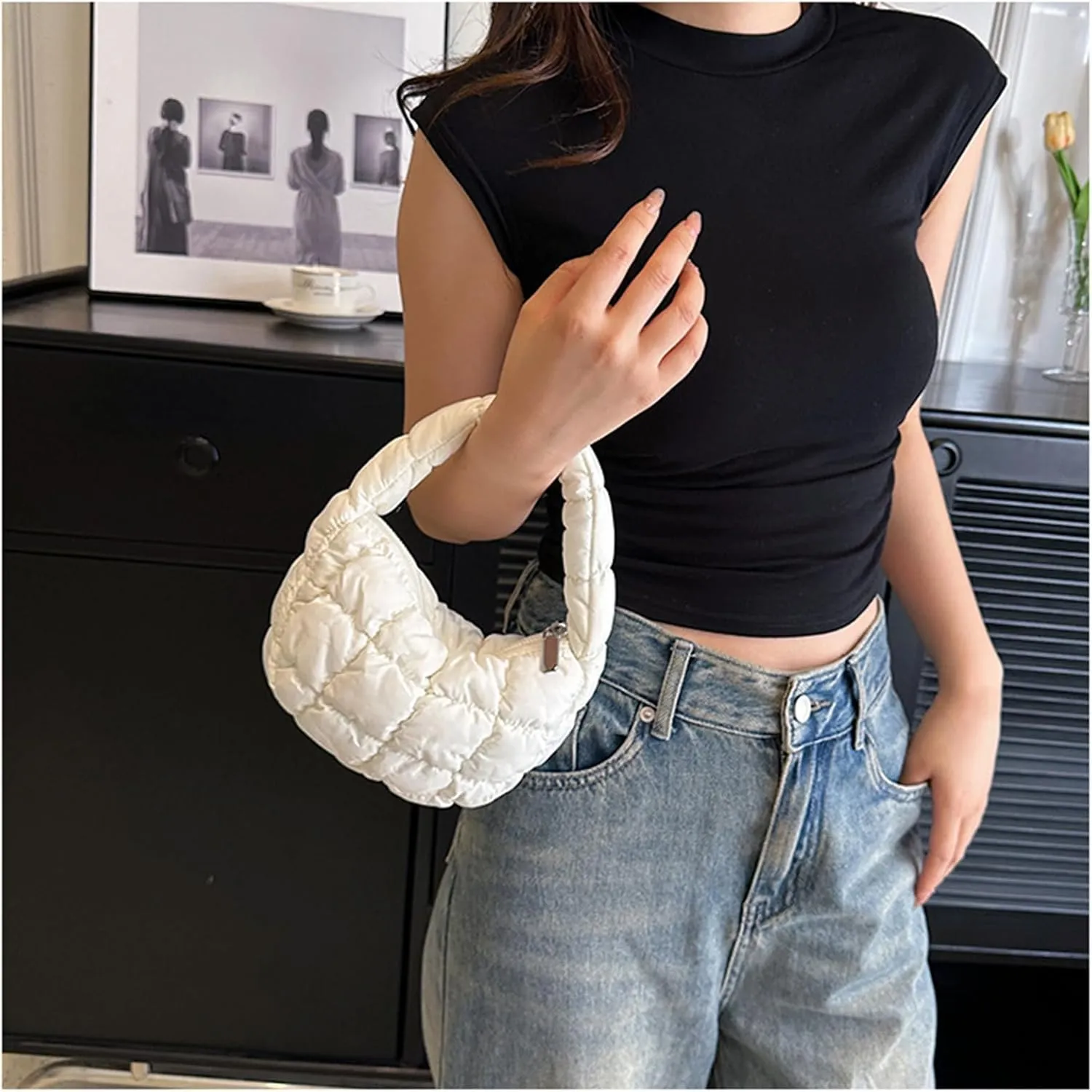 Puffer Bag Women Mini Quilted Cute Bubble Handbag Crescent Wrist Satchel Y2k Purse