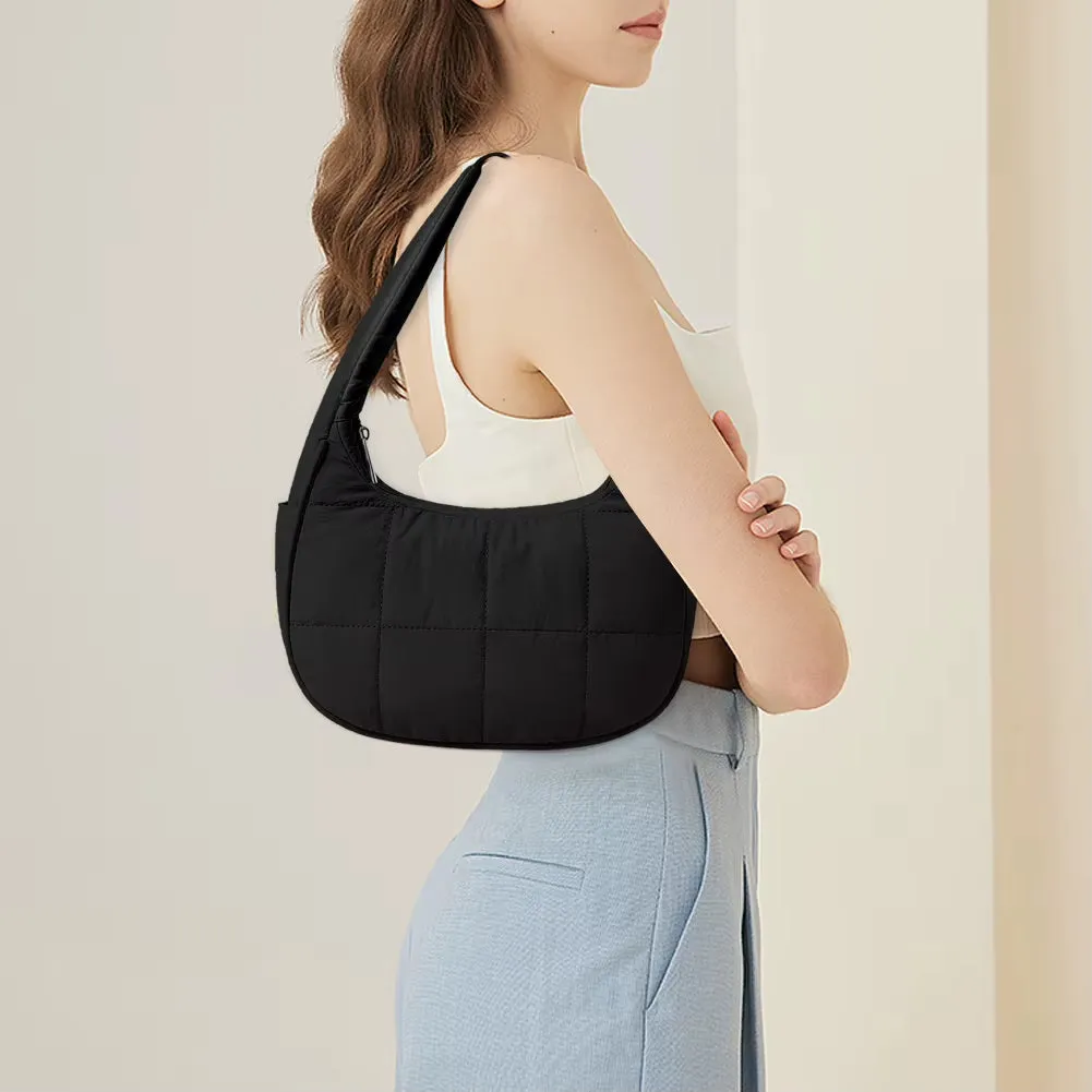 Puffer Crescent Bag for Women Quilted Underarm Bag Nylon Adjustable Strap Shoulder Purse Hobo Bag for Work Travel