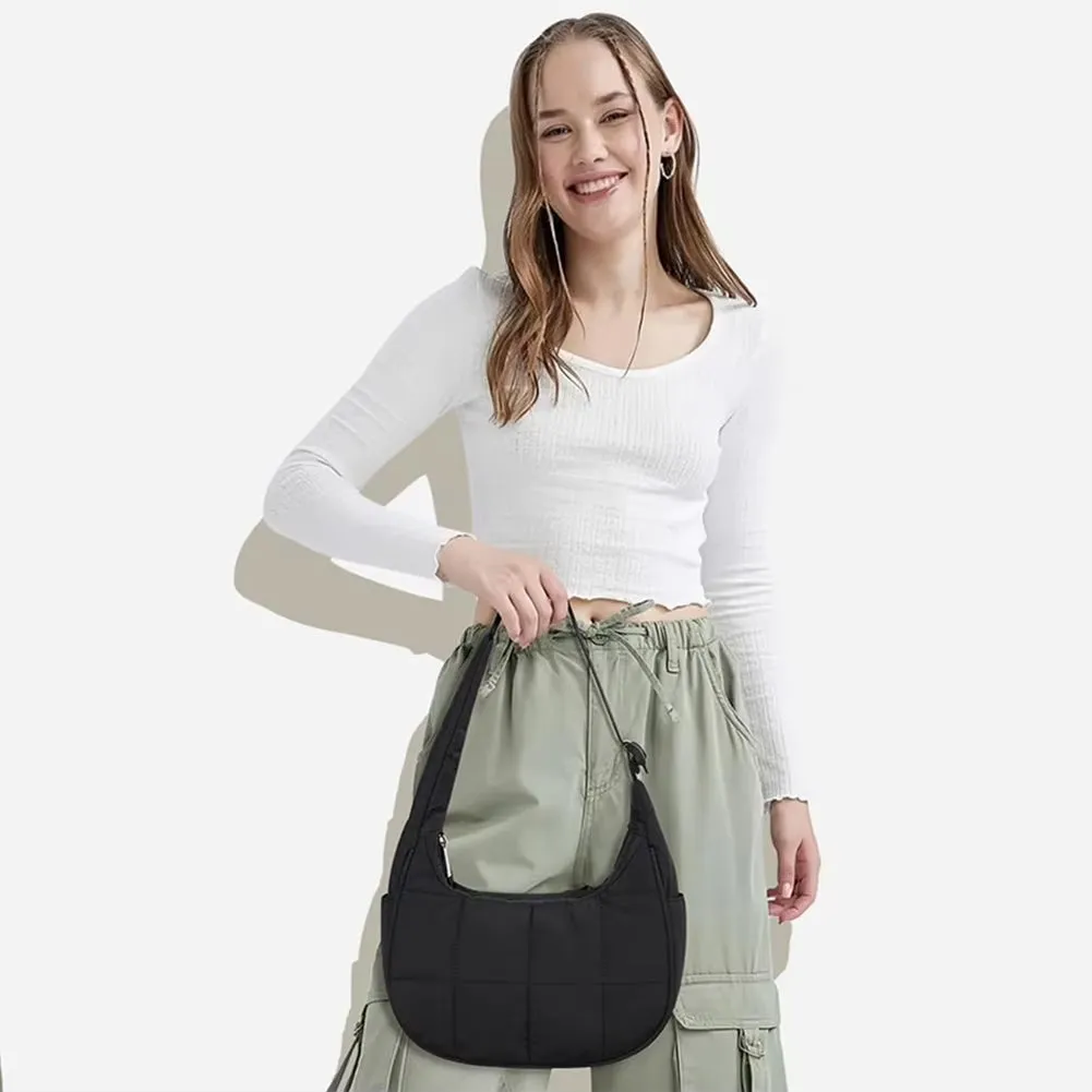 Puffer Crescent Bag for Women Quilted Underarm Bag Nylon Adjustable Strap Shoulder Purse Hobo Bag for Work Travel