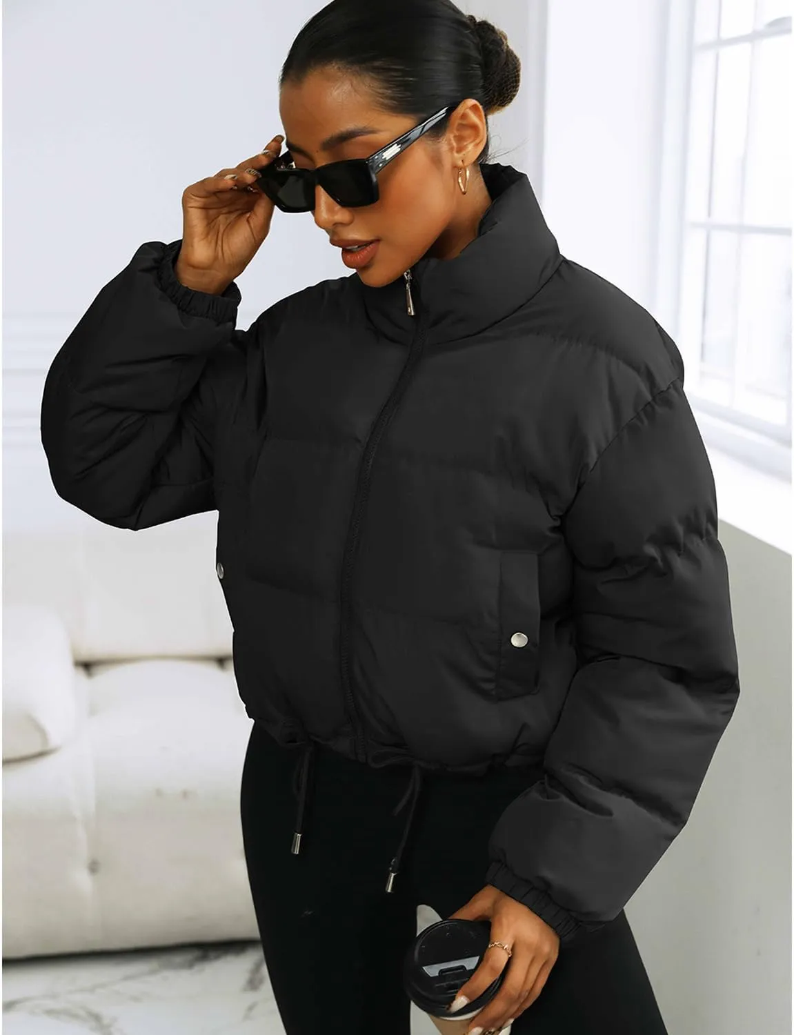 Puffer Jacket Womens Cropped Zip Up Padding Warm Quilted Jackets Winter Coats