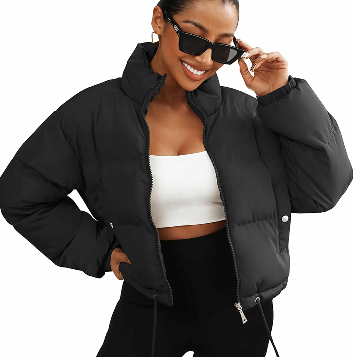 Puffer Jacket Womens Cropped Zip Up Padding Warm Quilted Jackets Winter Coats