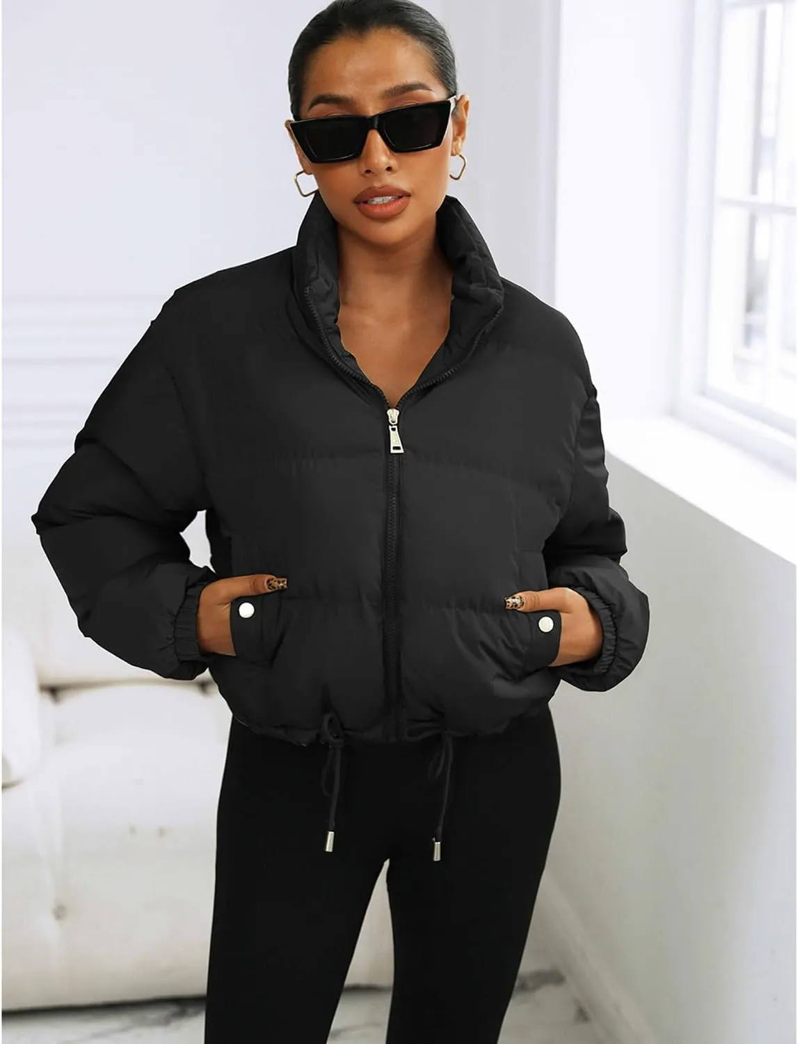 Puffer Jacket Womens Cropped Zip Up Padding Warm Quilted Jackets Winter Coats