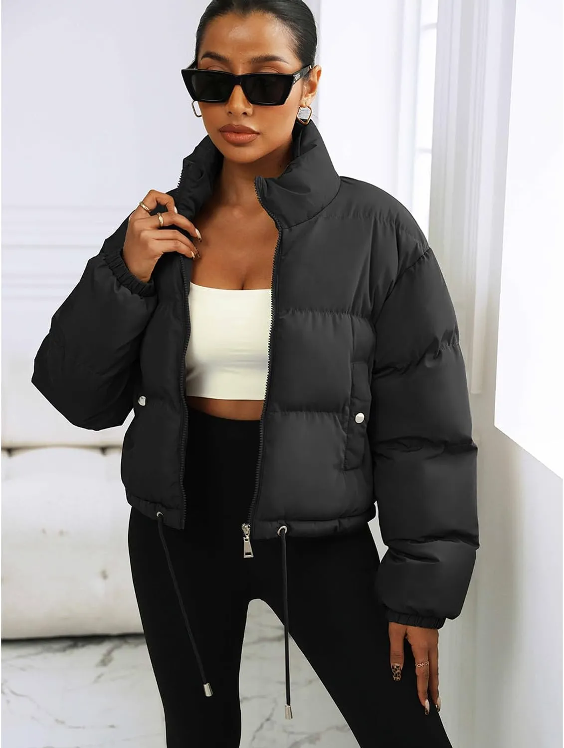 Puffer Jacket Womens Cropped Zip Up Padding Warm Quilted Jackets Winter Coats