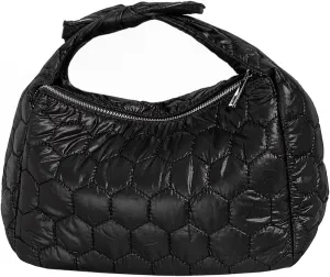 Puffer Quilted Handbag for Women Nylon Lightweight Clutch Bag Hexagon Pattern Casual Black Purse Commuter Bag with Zipper