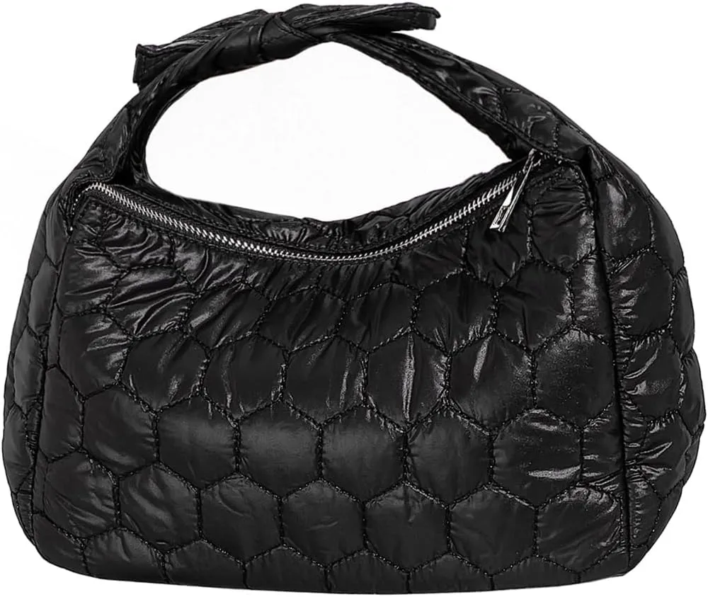 Puffer Quilted Handbag for Women Nylon Lightweight Clutch Bag Hexagon Pattern Casual Black Purse Commuter Bag with Zipper